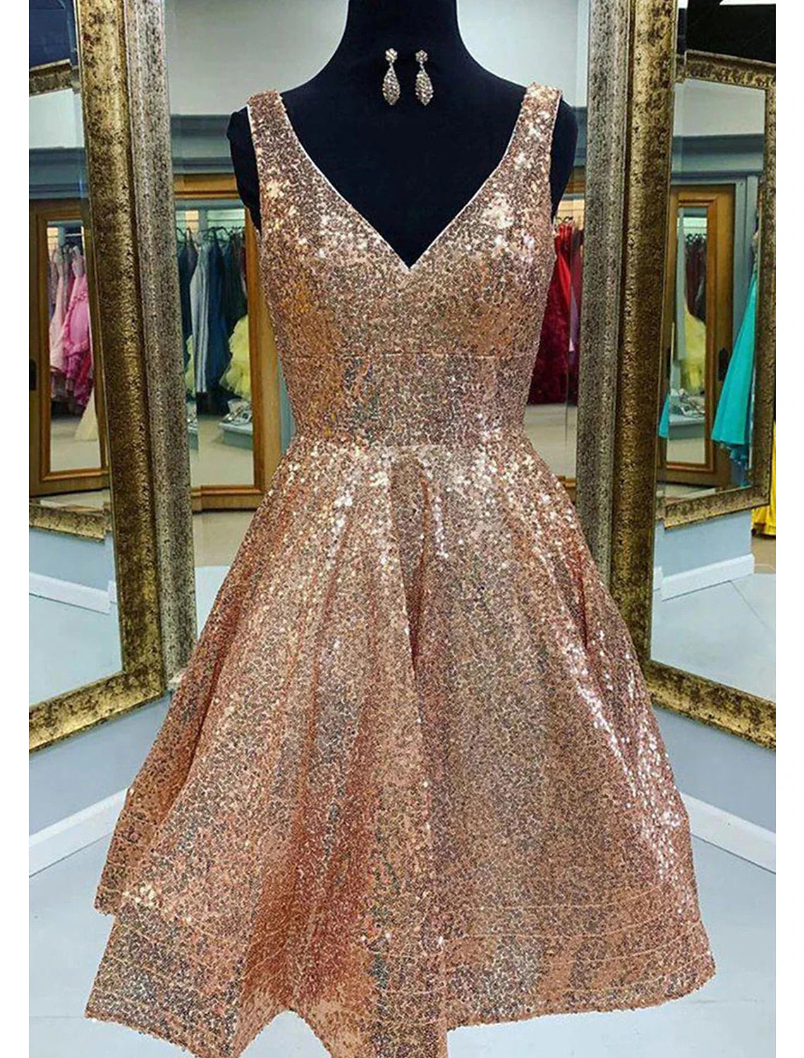 Homecoming Dresses Sparkle & Shine Dress Graduation Tea Length Sleeveless V Neck Pink Dress Sequined with Sequin