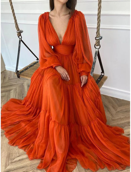 A-Line Evening Gown Elegant Dress Formal Wedding Guest Floor Length Long Sleeve V Neck Chiffon