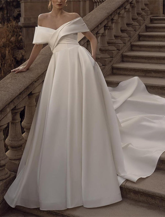 Wedding Dresses Ball Gown Off Shoulder V Neck Regular Straps Chapel Train Satin Bridal Gowns