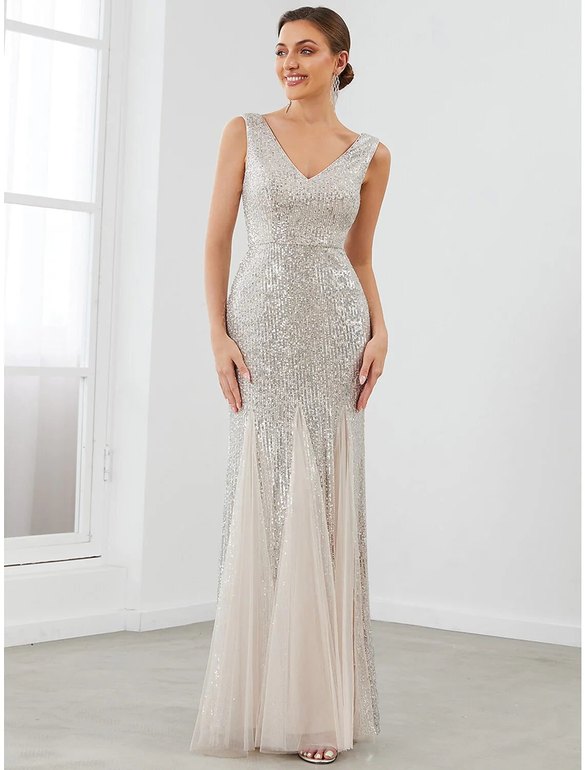 Evening Gown Elegant Dress Formal Evening Floor Length Sleeveless V Neck Sequined V Back with Sequin Pure Color