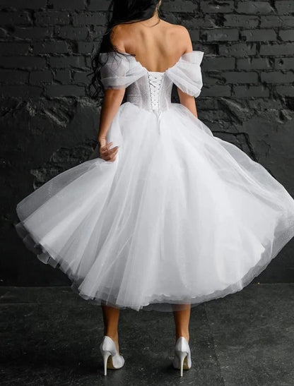 Bridal Shower Simple Wedding Dresses Wedding Dresses A-Line Scoop Neck Sleeveless Tea Length Satin Bridal Gowns