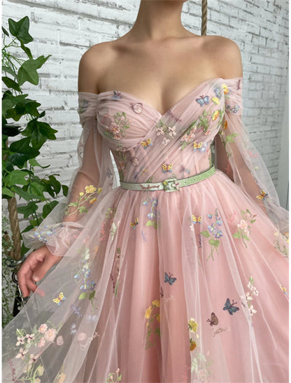 A-Line Prom Dresses Floral Dress Birthday Garden Party Ankle Length Long Sleeve Off Shoulder Fall Wedding Guest Lace