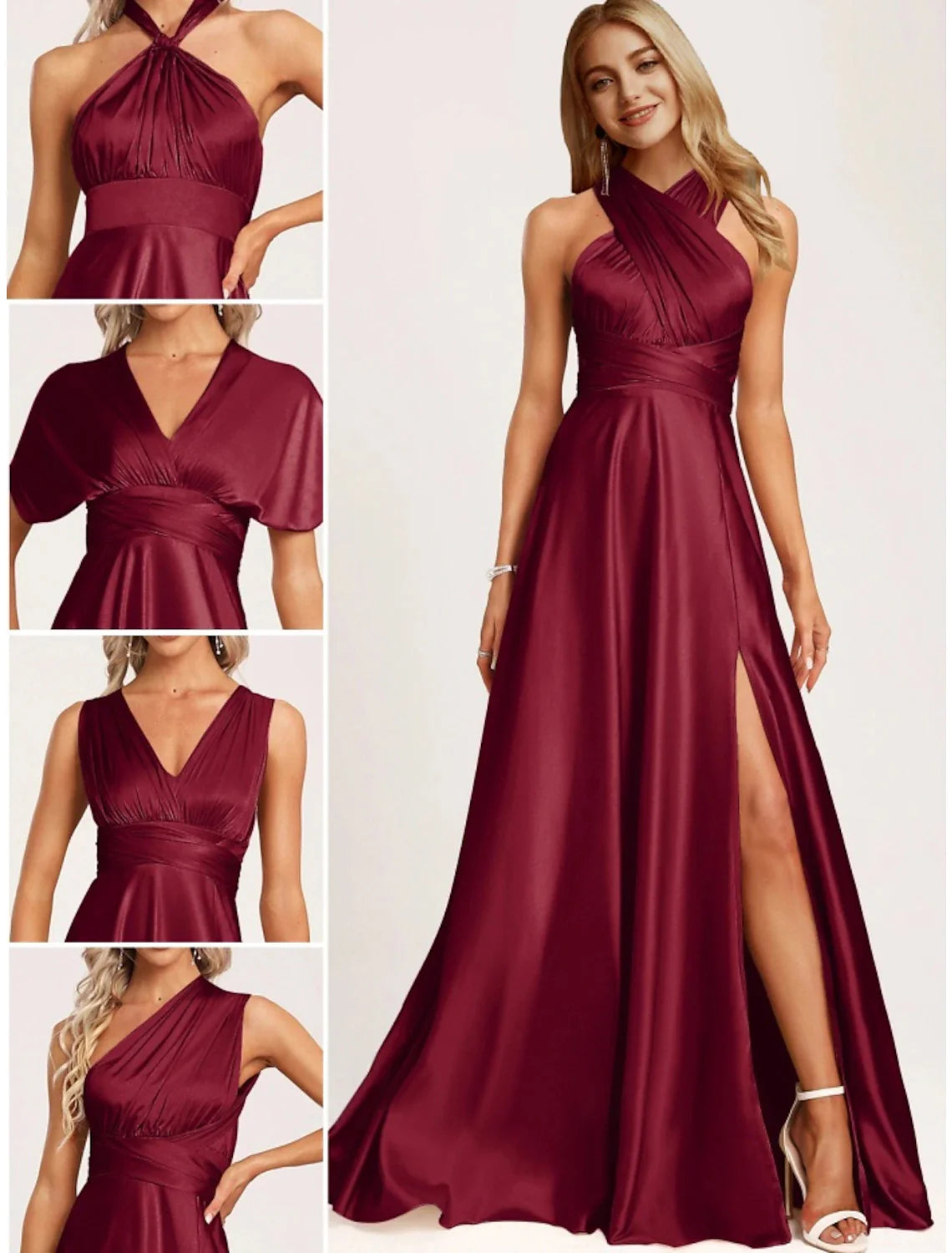 A-Line Bridesmaid Dress Halter Neck Sleeveless Elegant Floor Length Satin with Split Front / Ruching