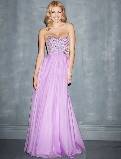 A-Line Evening Gown Glittering Dress Wedding Guest Sweep / Brush Train Sleeveless Sweetheart Chiffon