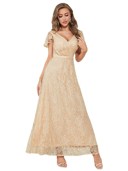 A-Line Wedding Guest Dresses Elegant Dress Party Wear Ankle Length Short Sleeve V Neck Chiffon with Ruffles