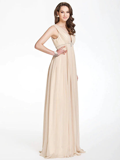 A-Line Bridesmaid Dress V Neck Sleeveless Beautiful Back Floor Length Chiffon