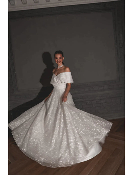 Hall Sparkle & Shine Casual Wedding Dresses A-Line Off Shoulder Cap Sleeve Sweep / Brush Train Sequined Bridal Gowns With Solid Color