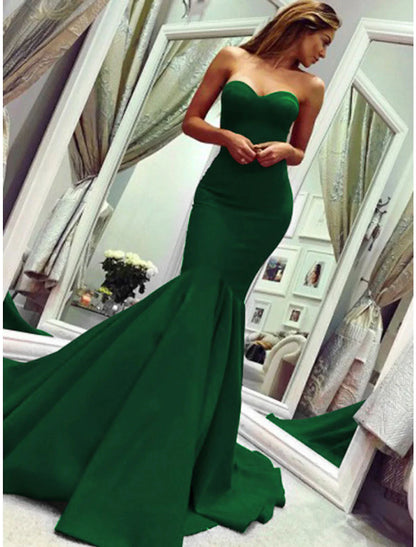 Mermaid Party Dress Minimalist Sexy Wedding Guest Formal Evening Valentine‘s Day Dress Strapless Sleeveless Court Train with Pleats