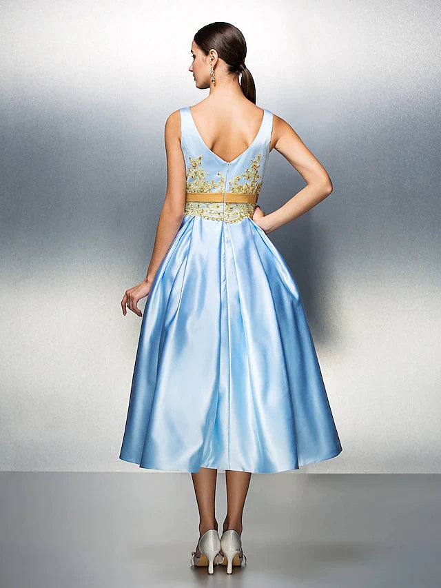 A-Line Party Dress Wedding Guest Tea Length Sleeveless Jewel Neck Satin V Back with Pleats Appliques