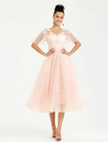 A-Line Prom Dresses Elegant Dress Wedding Guest Cocktail Party Tea Length Short Sleeve V Neck Tulle with Appliques