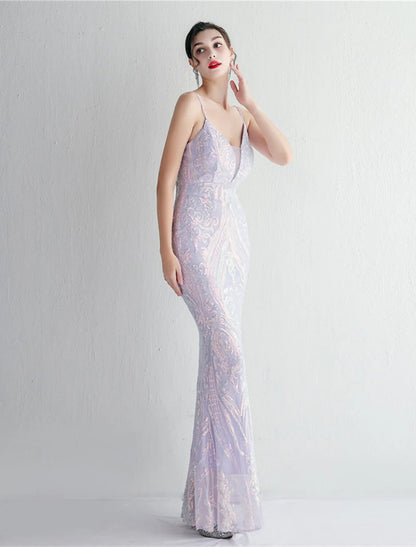 Evening Gown Sparkle & Shine Dress Formal Floor Length Sleeveless Spaghetti Strap Sequined with Sequin