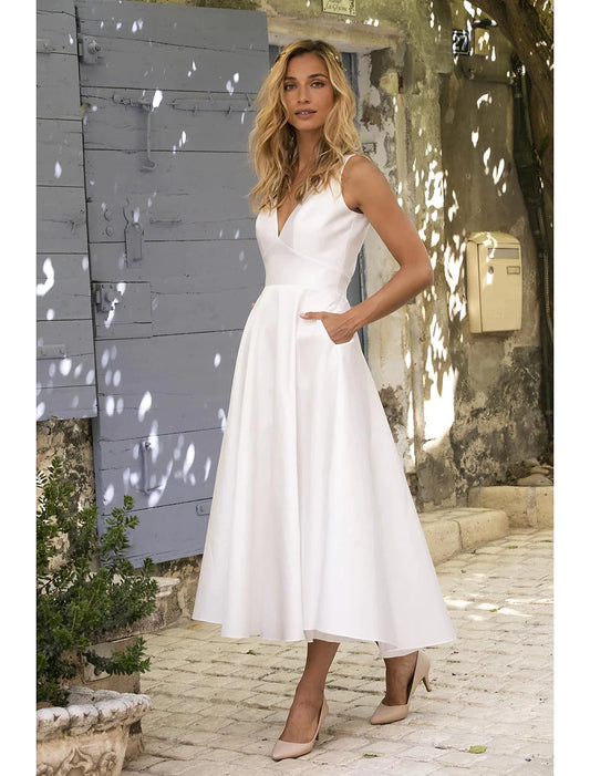 A Line Semi Formal Party Dress Wedding Guest Dress White Long Maxi Dress Sleeveless Pure Color Backless Spring Summer Deep V Slim