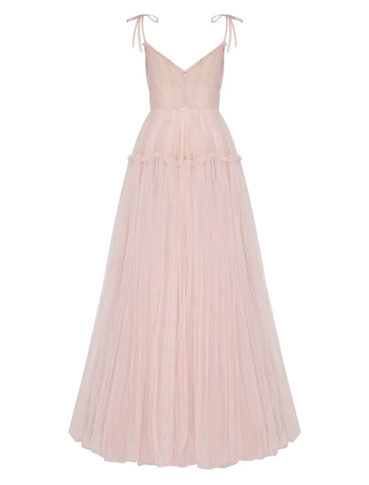 A-Line Prom Dresses Elegant Dress Wedding Guest Floor Length Sleeveless Spaghetti Strap Tulle with Pleats Ruffles