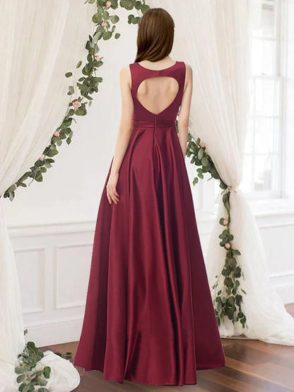 A-Line Bridesmaid Dress Jewel Neck Sleeveless Elegant Floor Length Charmeuse