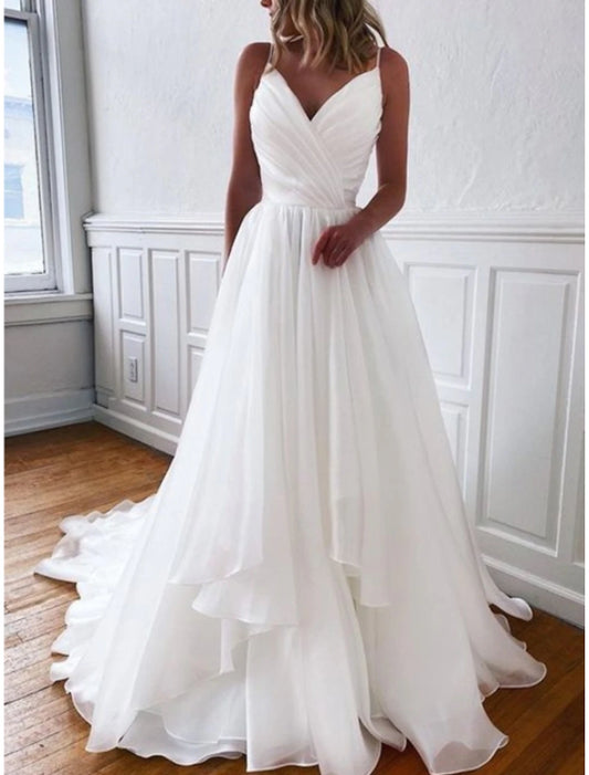 Simple Wedding Dresses Sheath / Column Camisole Sleeveless Court Train Chiffon Bridal Gowns