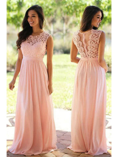 A-Line Bridesmaid Dress Jewel Neck Sleeveless Elegant Floor Length Chiffon / Lace