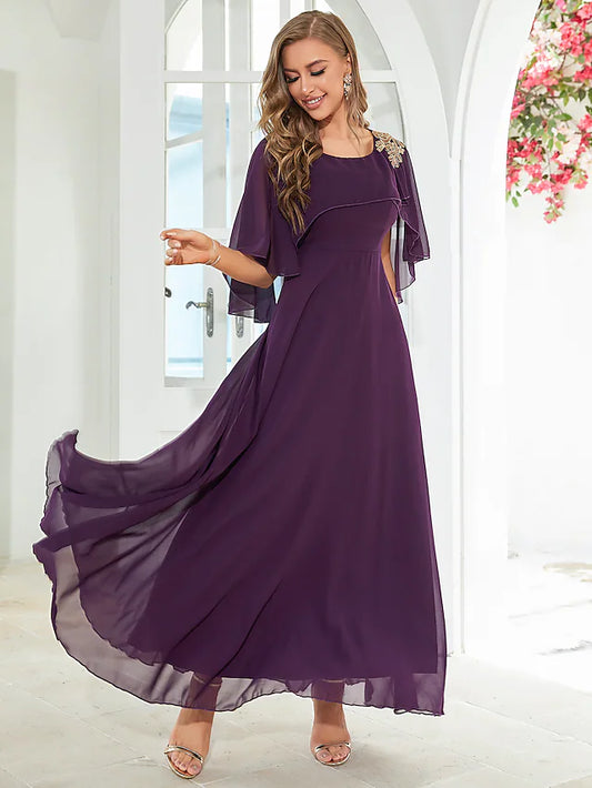 A-Line Wedding Guest Dresses Elegant Dress Party Wear Floor Length Half Sleeve Jewel Neck Chiffon with Ruffles