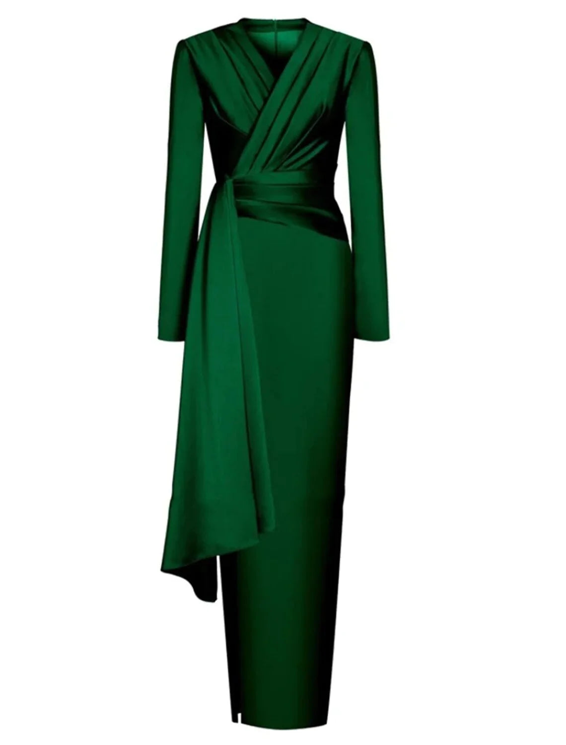 A-Line Evening Black Dress Christmas Elegant Dress Formal Ankle Length Long Sleeve V Neck Satin with Ruched Slit