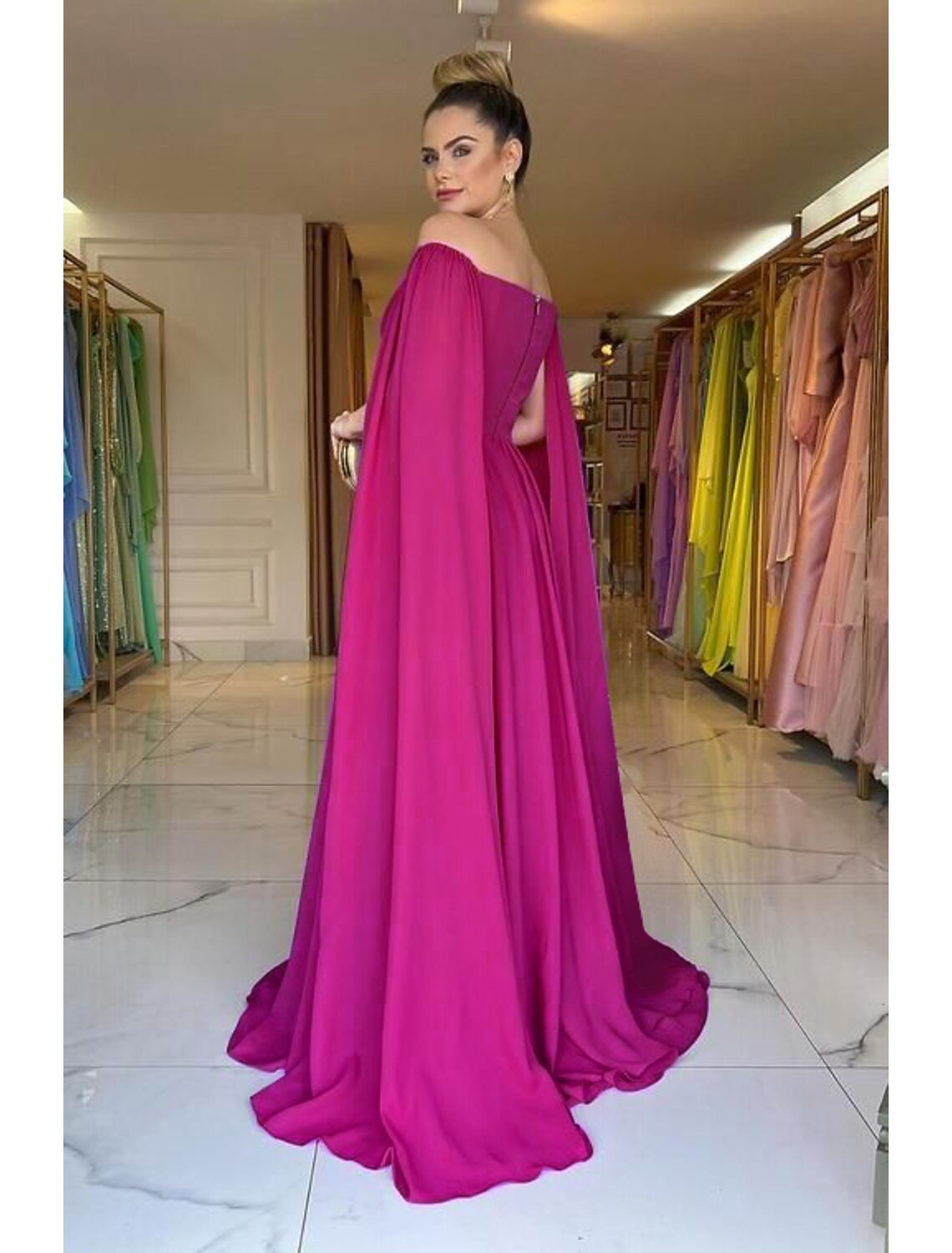 A-Line Evening Gown Elegant Dress Formal Wedding Party Sweep / Brush Train Sleeveless Off Shoulder Capes Chiffon