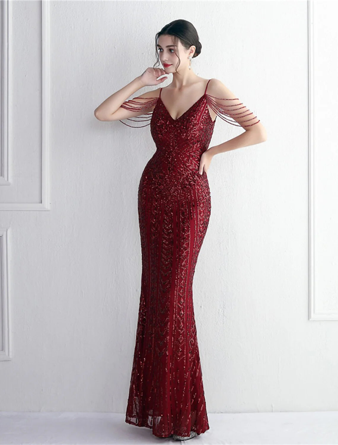 Evening Gown Sparkle & Shine Dress Formal Floor Length Short Sleeve Spaghetti Strap Polyester with Beading Sequin