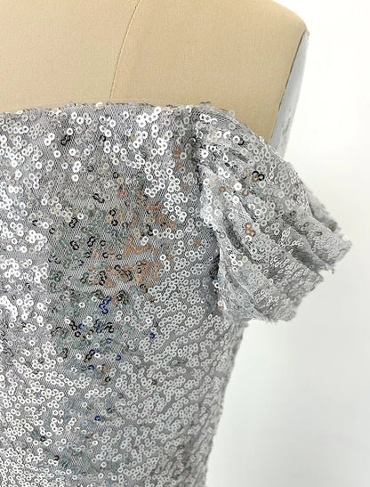 Evening Gown Sparkle & Shine Dress Cocktail Party Floor Length Short Sleeve Off Shoulder Sequined with Ruched