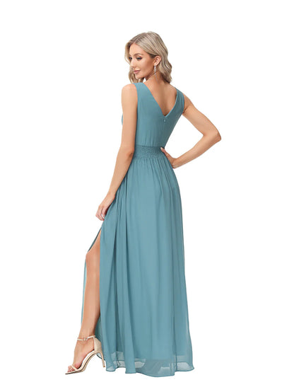 Evening Gown Empire Dress Party Wear Floor Length Sleeveless V Neck Chiffon V Back with Slit