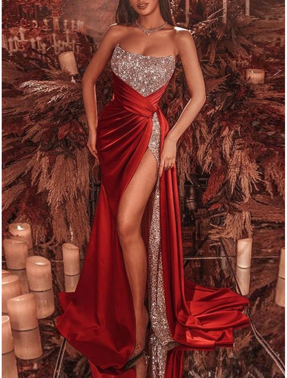 Sheath Evening Gown Celebrity Style Dress Formal Court Train Sleeveless Strapless Sequined