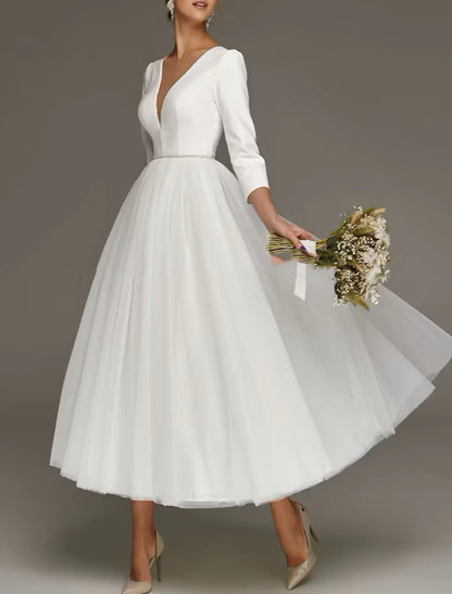 Bridal Shower Simple Wedding Dresses Wedding Dresses A-Line Off Shoulder Cap Sleeve Tea Length Chiffon Bridal Gowns