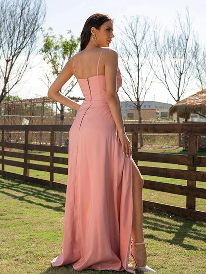 Princess Woven Satin Ruched Spaghetti Straps Sleeveless Floor-Length Bridesmaid Dresses