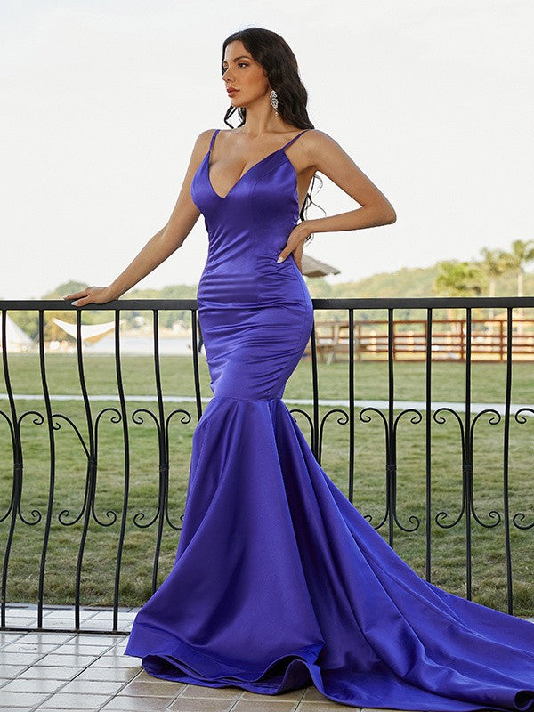 Satin Ruffles V-neck Sleeveless Sweep/Brush Train Dresses