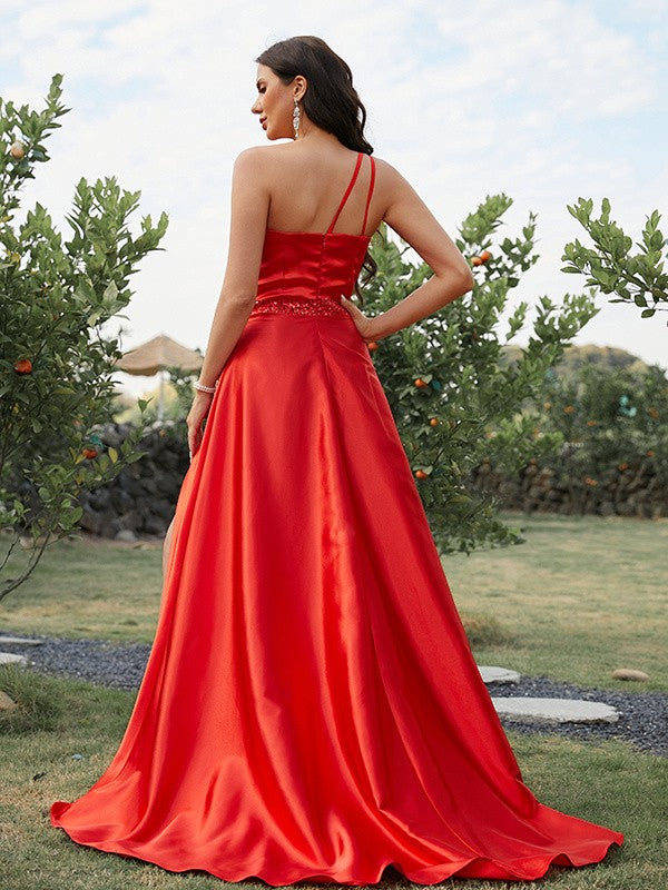 Woven Satin Ruffles One-Shoulder Sleeveless Sweep/Brush Train Dresses