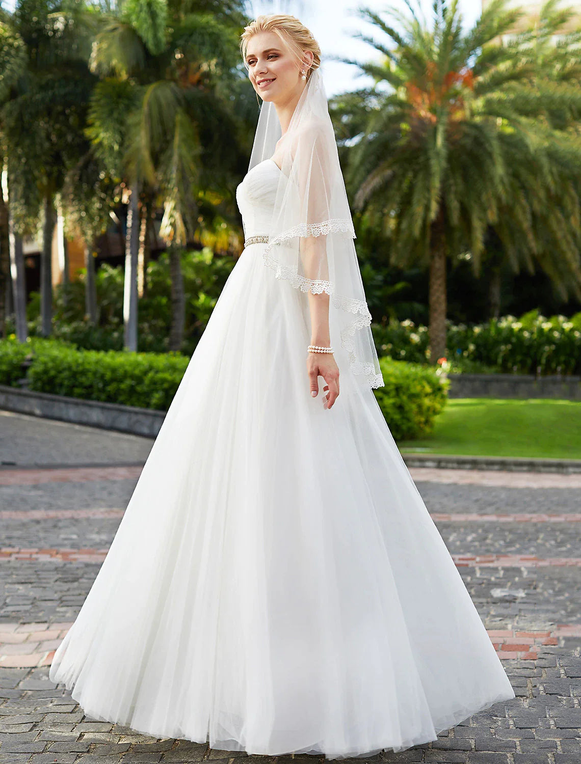 Reception Wedding Dresses Princess Sweetheart Strapless Floor Length Chiffon Bridal Gowns With Sashes / Ribbons Beading