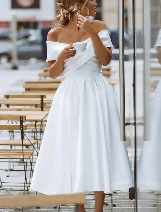 Simple Wedding Dresses Satin Little White Dresses A-Line Off Shoulder Formal Short Sleeve Tea Length Bridal Gowns