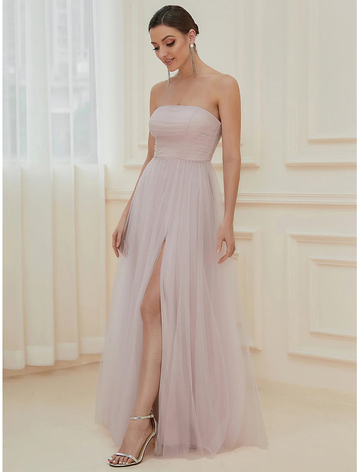 Evening Gown Elegant Dress Wedding Guest Floor Length Sleeveless Off Shoulder Tulle with Pure Color Tiered