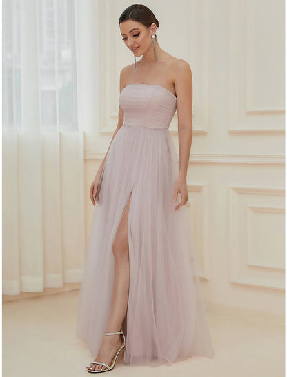 Evening Gown Elegant Dress Wedding Guest Floor Length Sleeveless Off Shoulder Tulle with Pure Color Tiered