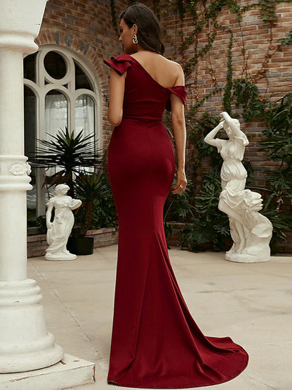 Evening Gown Sexy Dress Formal Sweep / Brush Train Sleeveless One Shoulder Polyester with Ruffles