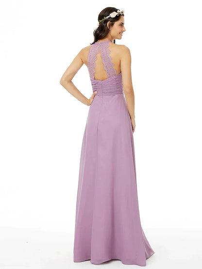 Sheath / Column Bridesmaid Dress Jewel Neck Sleeveless Beautiful Back Floor Length Chiffon