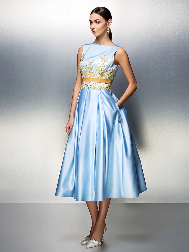 A-Line Party Dress Wedding Guest Tea Length Sleeveless Jewel Neck Satin V Back with Pleats Appliques