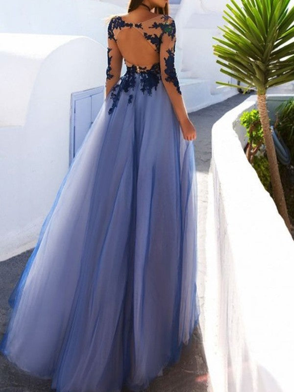 Scoop Long Sleeves Floor-Length With Applique Tulle Dresses