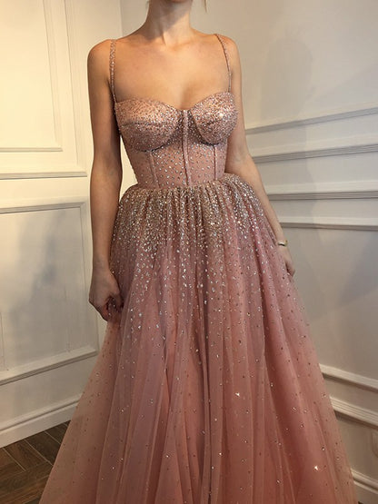 Spaghetti Straps Floor-Length Rhinestone Tulle Dresses