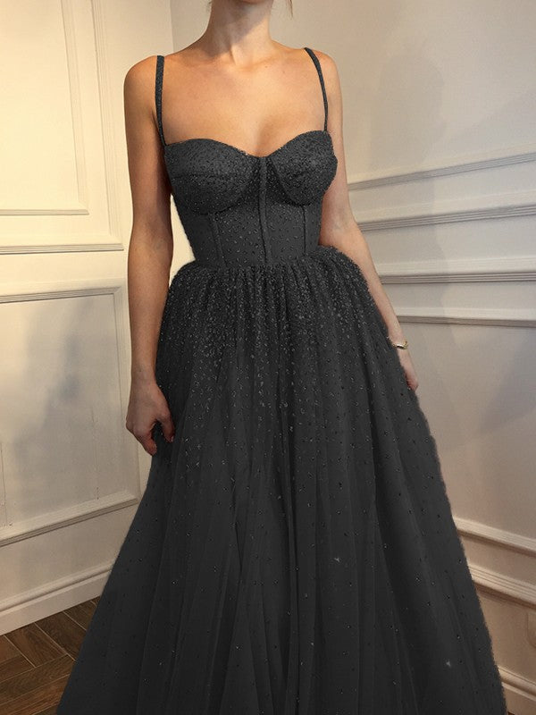 Spaghetti Straps Floor-Length Rhinestone Tulle Dresses