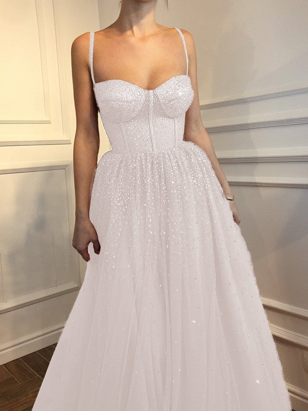 Spaghetti Straps Floor-Length Rhinestone Tulle Dresses