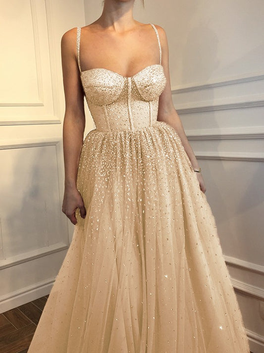 Spaghetti Straps Floor-Length Rhinestone Tulle Dresses