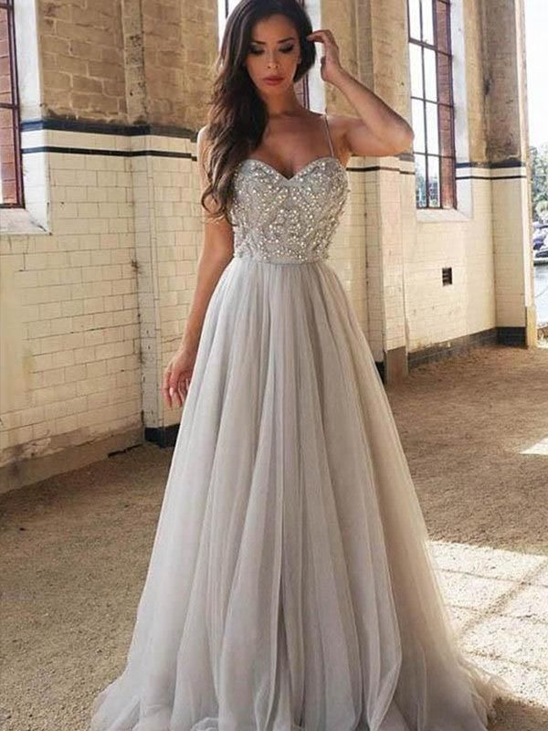 Sleeveless Spaghetti Straps Sweep/Brush Train Tulle Beading Dresses