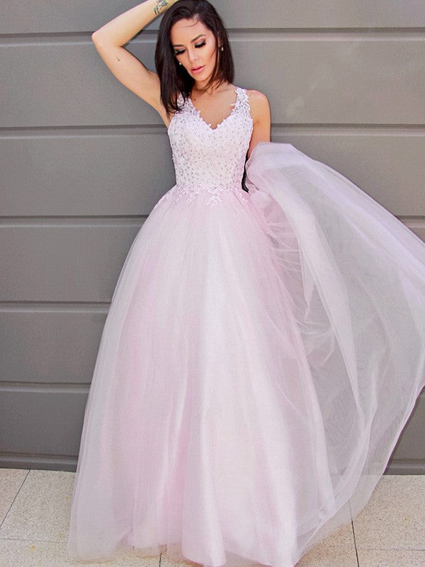 V-neck Sleeveless Applique Tulle Floor-Length Dresses