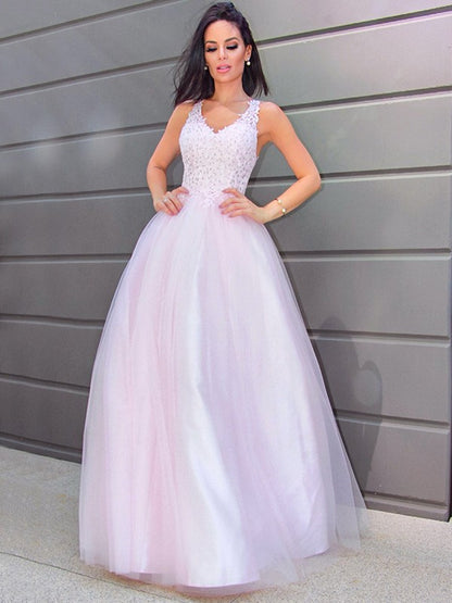 V-neck Sleeveless Applique Tulle Floor-Length Dresses