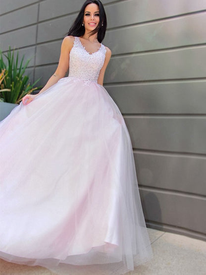 V-neck Sleeveless Applique Tulle Floor-Length Dresses