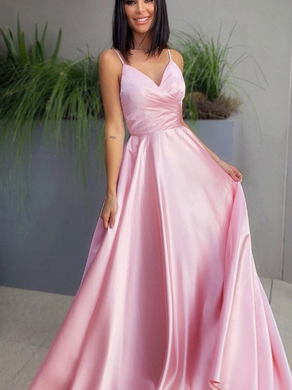 V-neck Satin Ruched Sleeveless Floor-Length Dresses