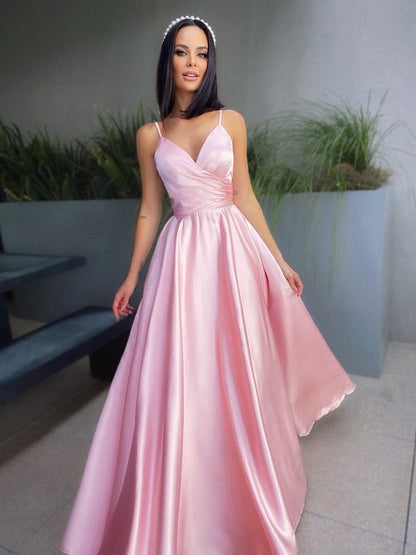 V-neck Satin Ruched Sleeveless Floor-Length Dresses