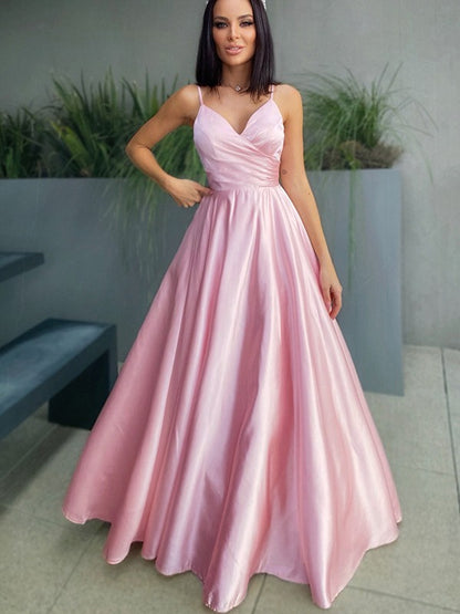 V-neck Satin Ruched Sleeveless Floor-Length Dresses